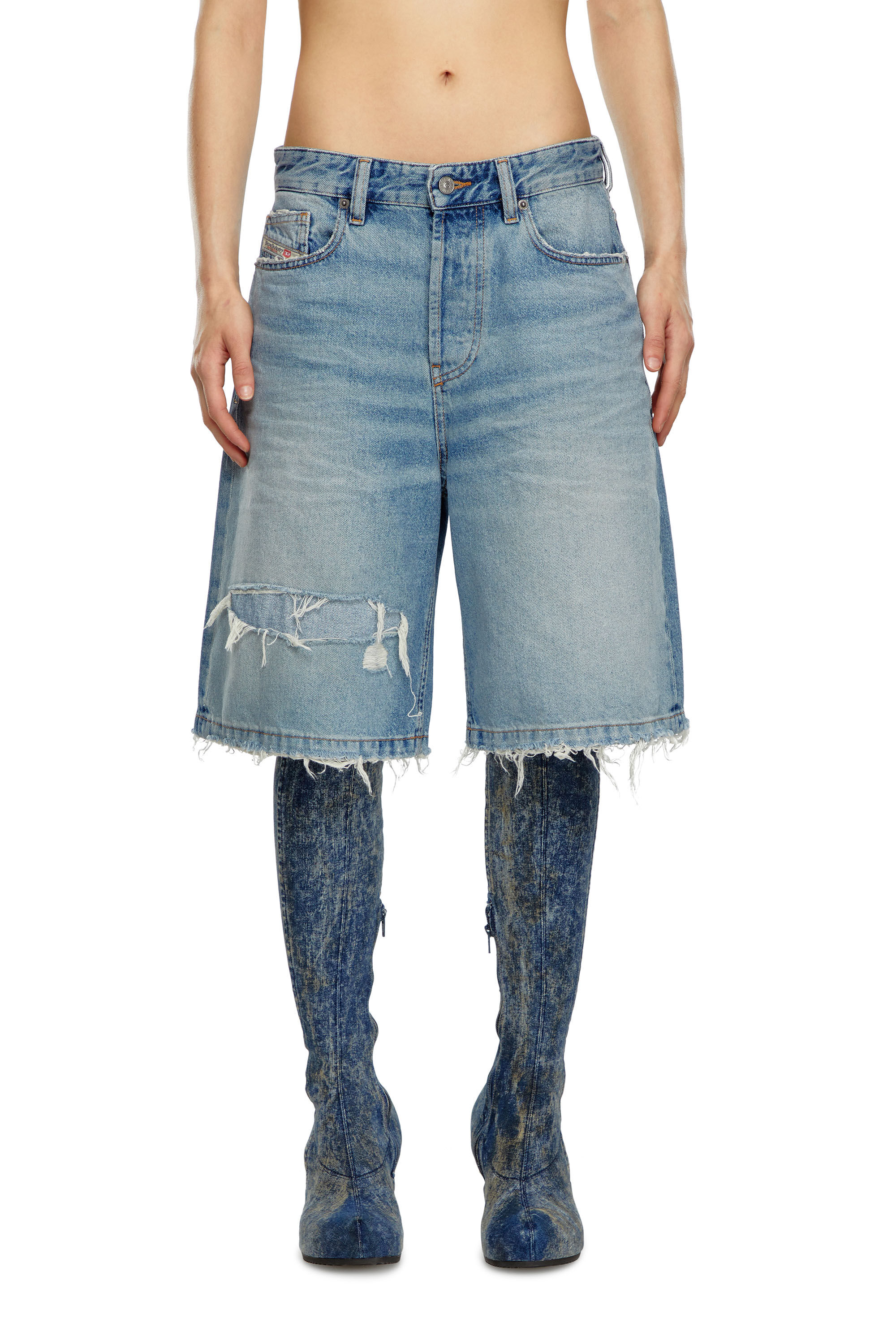 Diesel - DE-SIRE-SHORT, Woman's Shorts in ripped and repaired denim in Light Blue - 3