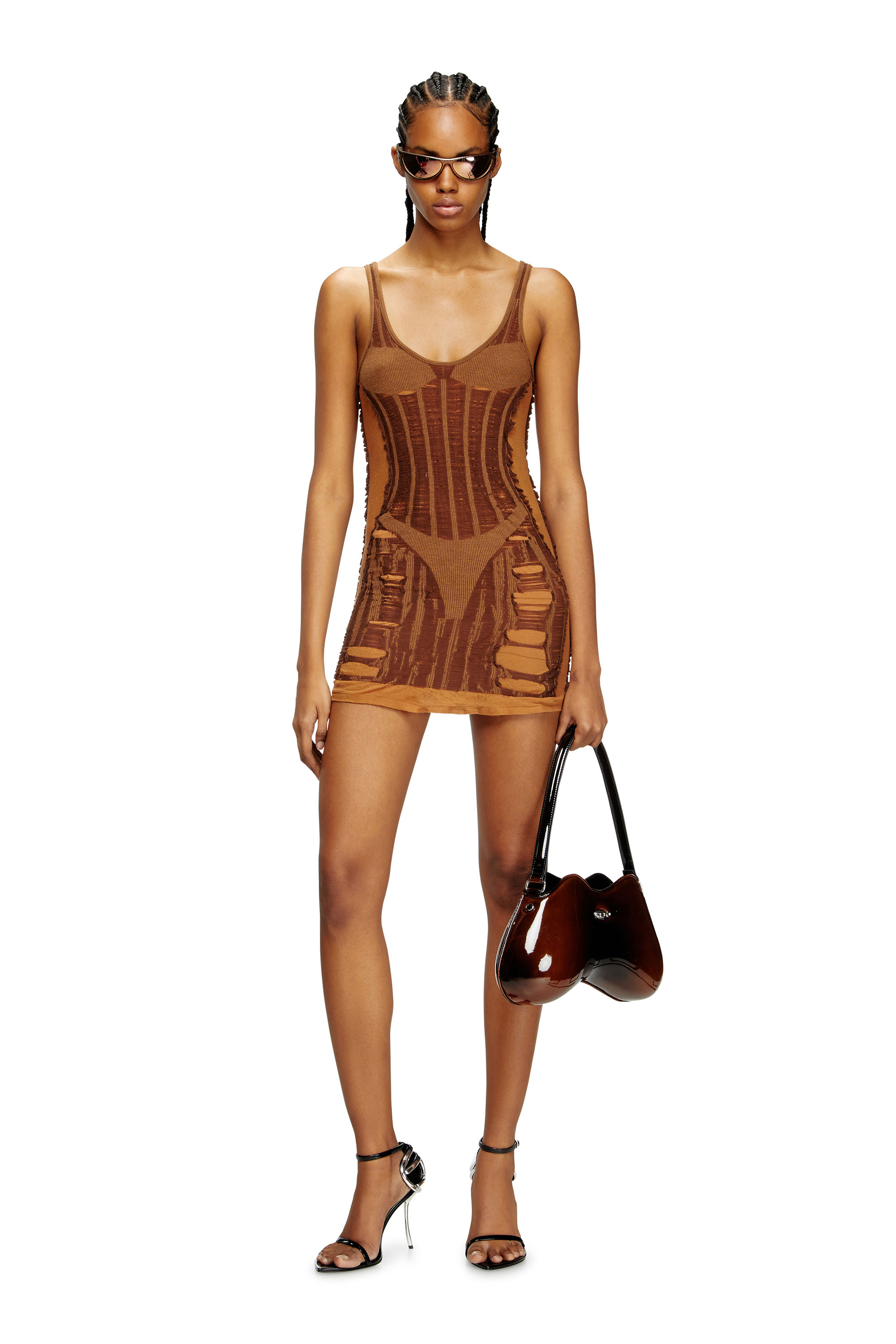 Diesel - M-CALIMERA-SHORT, Woman's Mini dress in distressed second-skin knit in Brown - 2