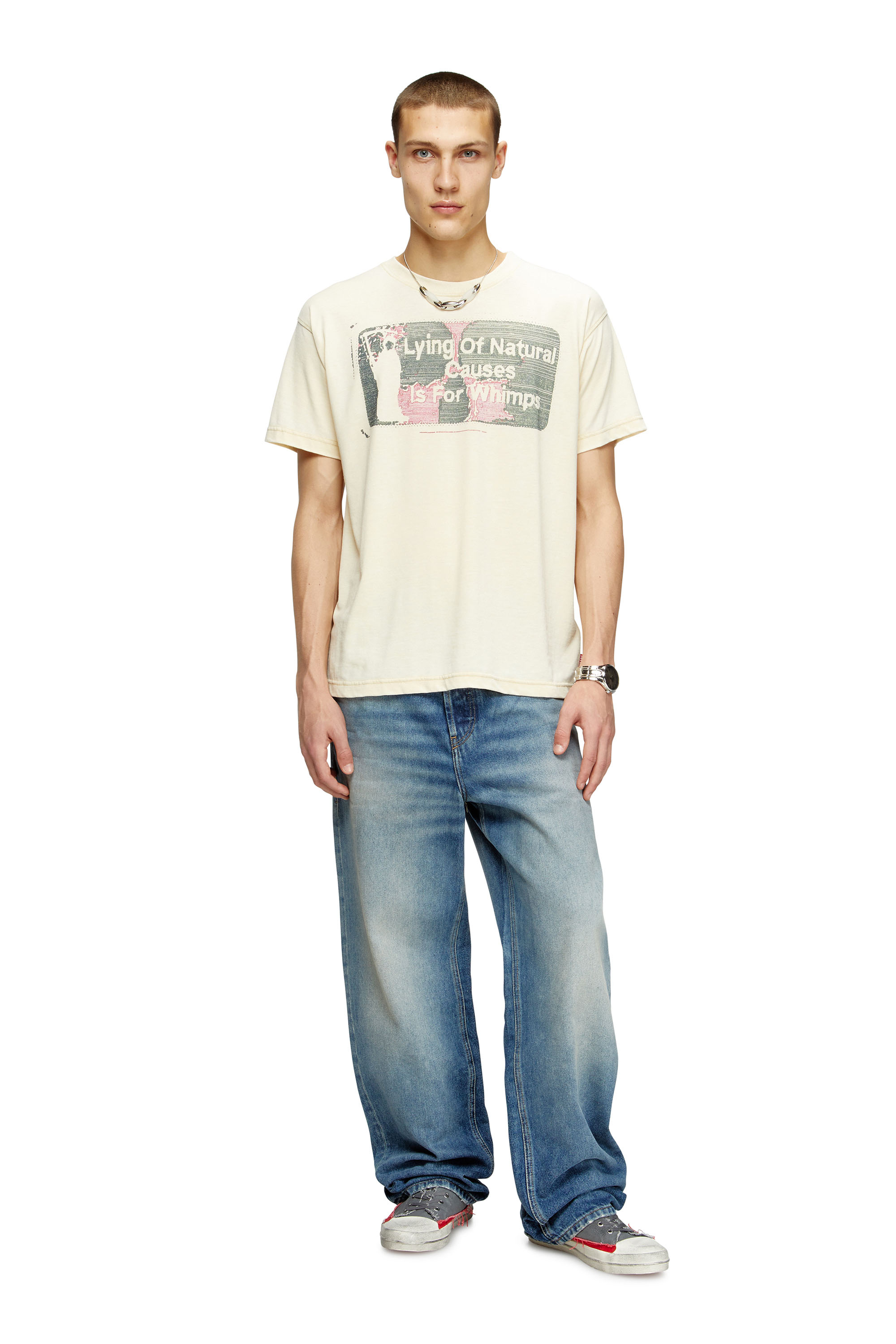 Diesel - T-NORM-T2, Man's Slogan T-shirt with burnout wash in Beige - 2