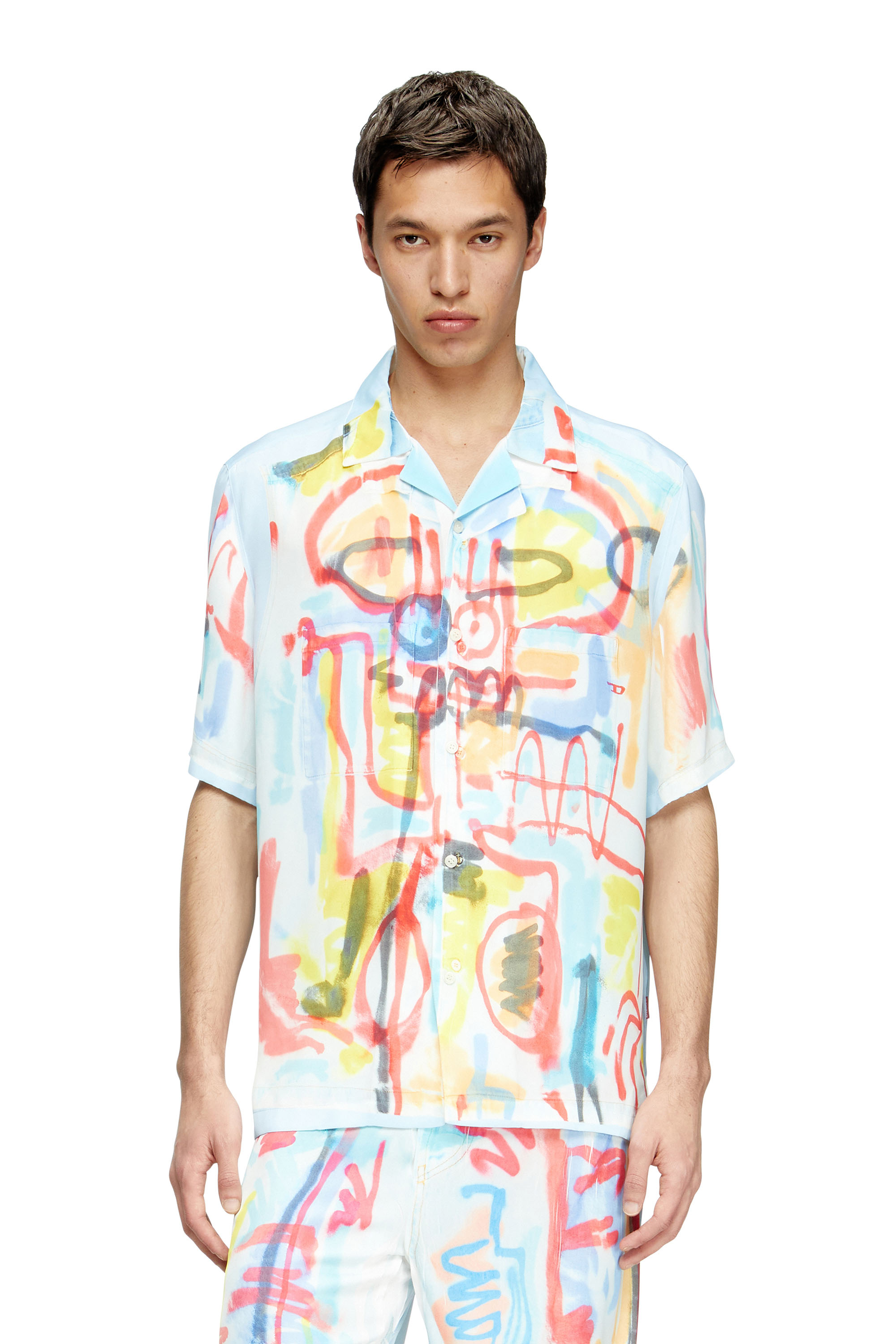 Diesel - C-PAROSHORT-GRAFFITI-AFR, Unisex's Satin bowling shirt with graffiti print in Light Blue - 2
